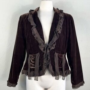 Anne Carson Brown Crushed Velvet Front Ruffles Hem Steampunk Blazer Cardigan